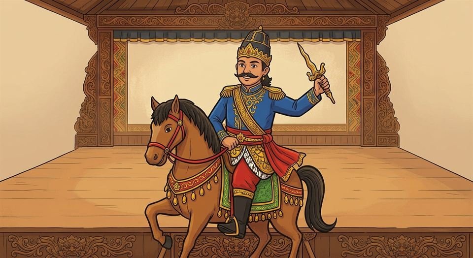 Ilustrasi Prabu Klono Sewandono berbaju biru dan bermahkota, menunggang kuda sambil mengangkat senjata pusaka di atas panggung.