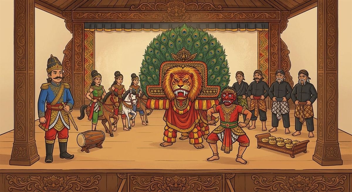 Ilustrasi panggung Reog Ponorogo: Klono Sewandono, tiga penari Jathil berkuda kepang, Singo Barong dengan dadak merak, Bujang Ganong bertopeng merah, para Warok berpakaian hitam, kendang, dan gamelan.