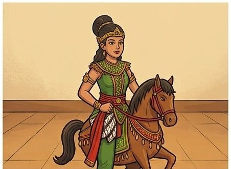 Ilustrasi penari Jathil berbaju hijau menunggang kuda kepang