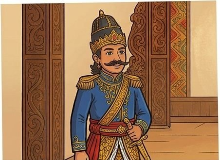 Ilustrasi Klono Sewandono, raja bermahkota berbaju biru